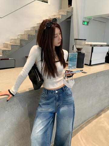 Yipinpay Slim Crop Tops Woman Casual Korean Style Pullover Pure Color 2023 Autumn Long Sleeve Knitted Short T-shirt Female Thin